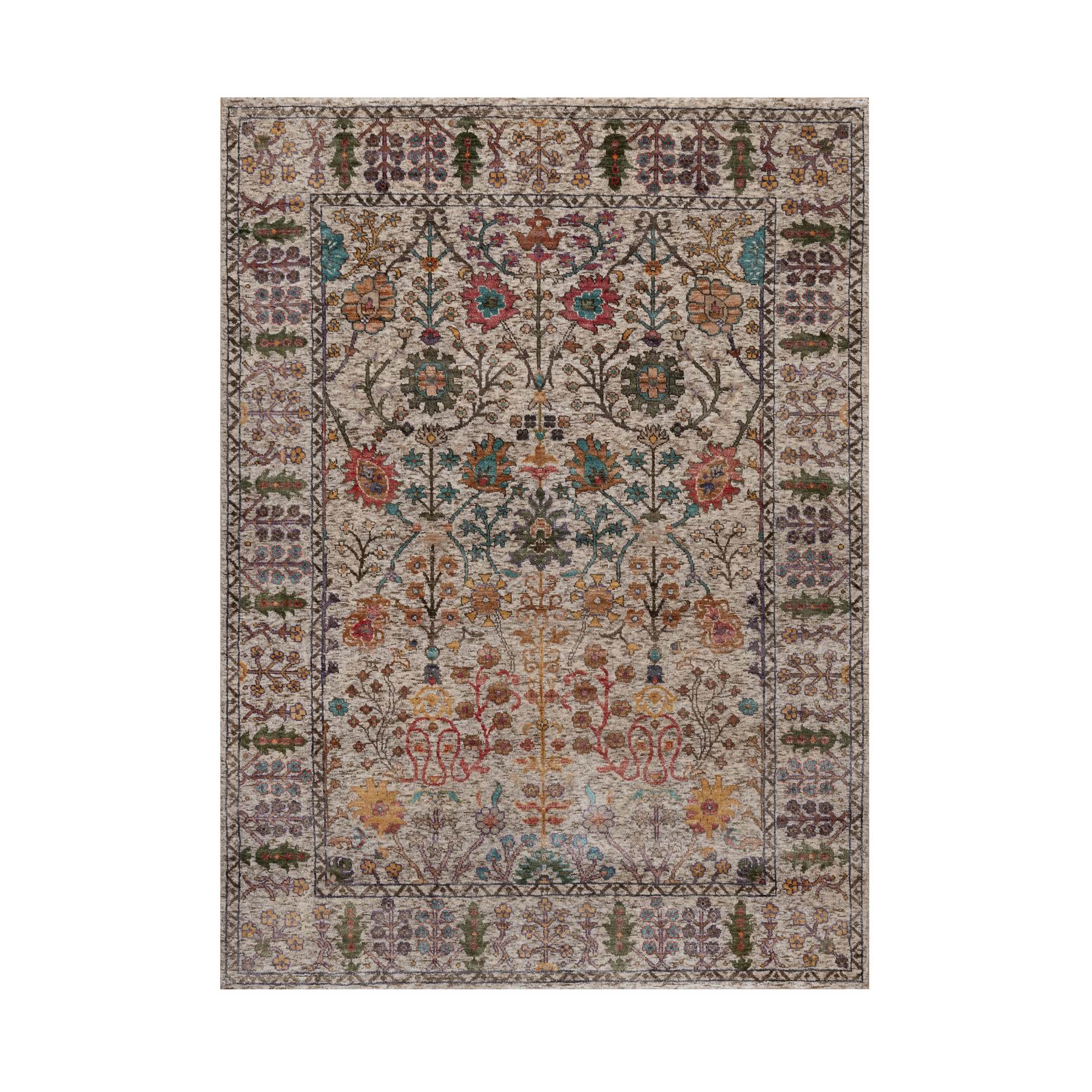 5'x7' Egg Shell White, Directional Vase Design, Silk with Textured Wool, Hand Knotted, Oriental Rug 